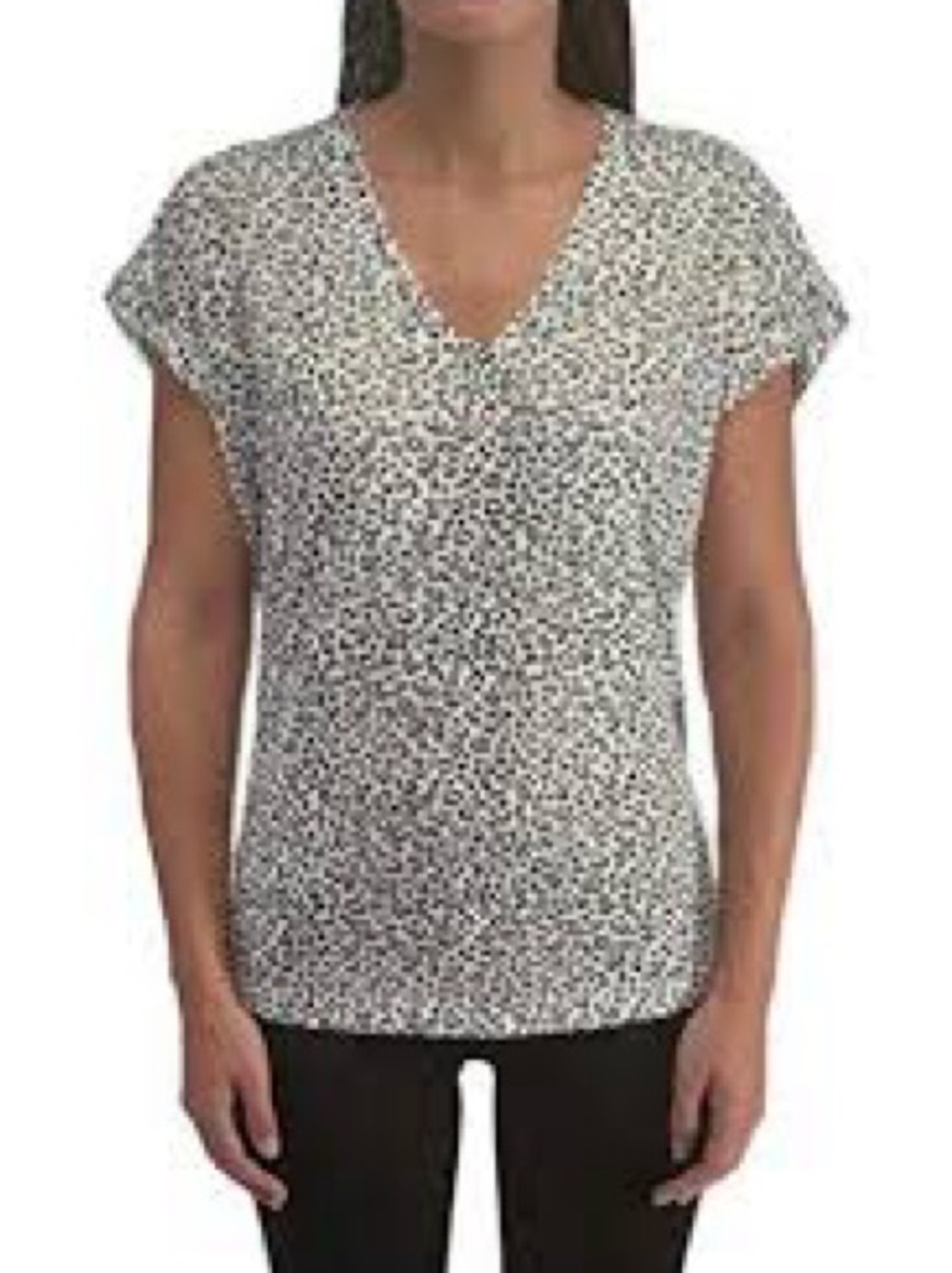 bobeau Collection Gray White Speckled Leopard V-Neck Cap Sleeve Top